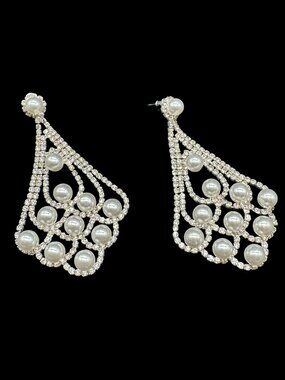 Large Statement Dangling Pierced Earrings White Pearls and clear Stones